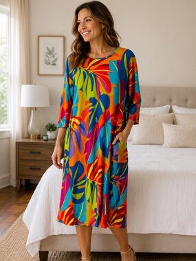 Vibrant Tropical Leaf Midi Dress in Multi-Color